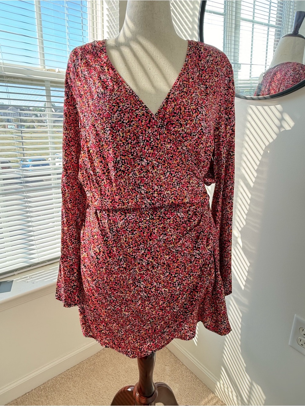 H&M Pink Floral Long Sleeve V-Neck Dress